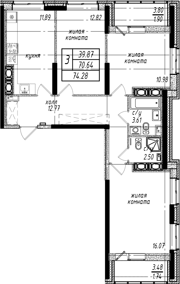 3-комнатная квартира 74.28 м², 18/25 эт., ЖК «Северная Долина»